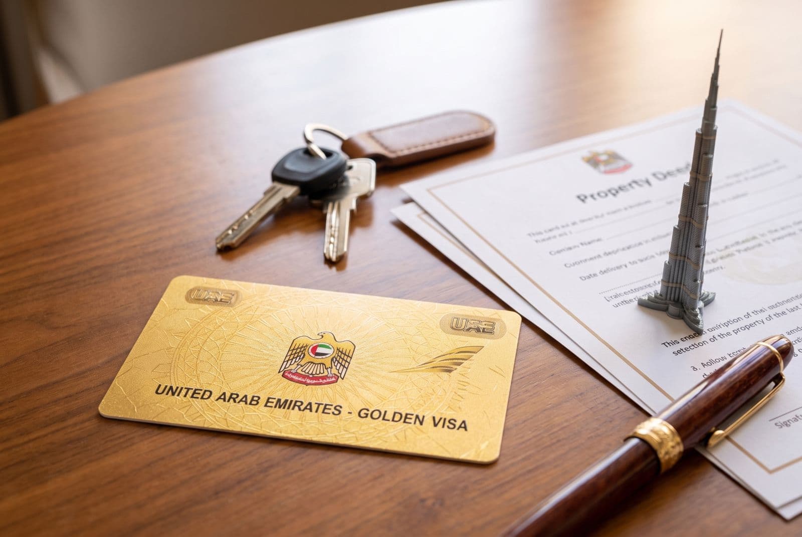 UAE Golden Visa card with property documents and keys